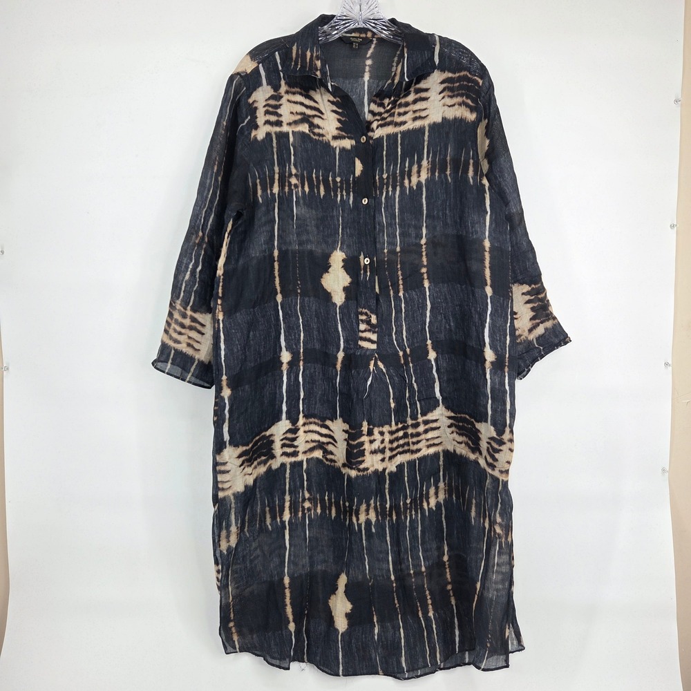 Massimo Dutti Shirt Dress 6 Black Tan Tie Dye Art-Inspired Boho Eclectic Midi